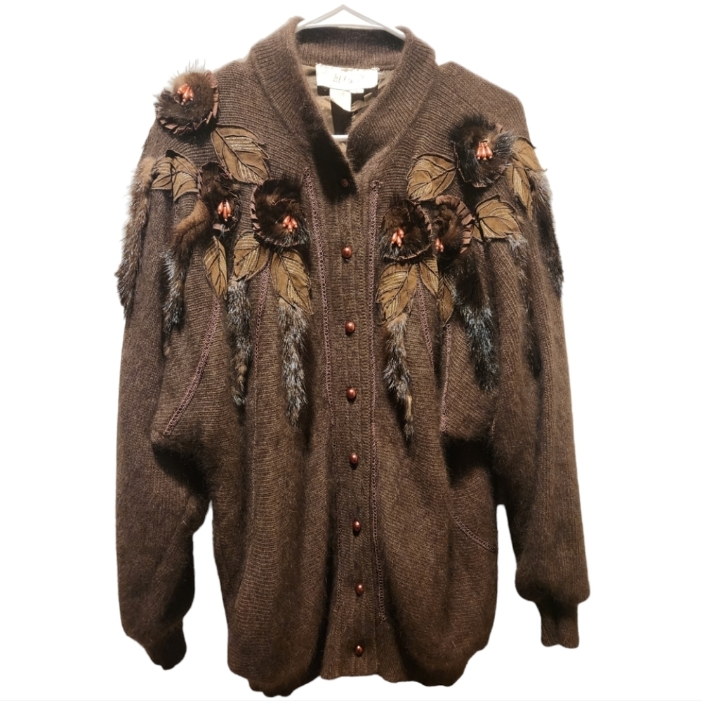 Belldini Embroidered Rabbit Fur Embellished Brown Oversized‎ Cardigan SZ LARGE
